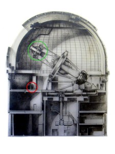 The 4 meter Blanco telescope. The green circle marks the location of the prime focus cage where DECam will be mounted. Credit: CTIO/AURA/NSF 