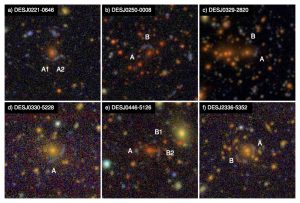 The six lenses discovered by DES in early data. These are different from that of Figure 2, because HST is a space-based telescope and produces cleaner images than DES.